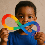 little boy holding up autism symbol